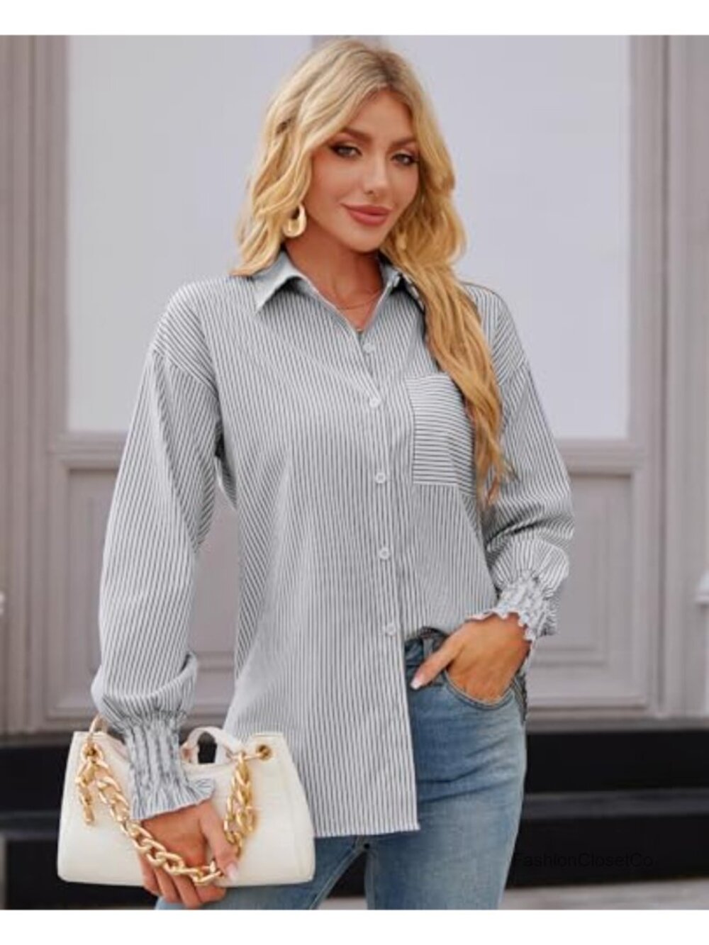 Women's Oversized Button Down Shirt Striped Smocked Cuff Long Sleeve Blouse - Picture 2 of 6